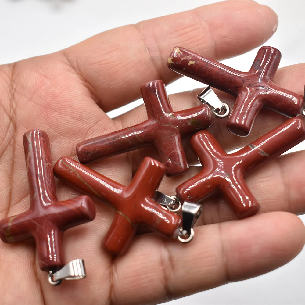 Großhandel 10 Stück/Set Modische Naturstein-Mischung 40x28mm Lange Kreuzanhänger für Schmuckherstellung Charm-Halsketten-Zubehör – Detail 14