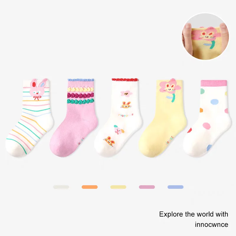 5 أزواج من جوارب الأميرة الأرنب الصغير للفتيات، تصميم مريح للغاية من القطن المرن متعدد الألوان على شكل سحابة الزهور #2