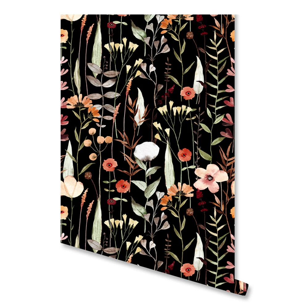 Floral Peel and Stick Wallpaper Black Vinyl Pvc Flower Wallpaper for Kitchen Cabinet Furniture