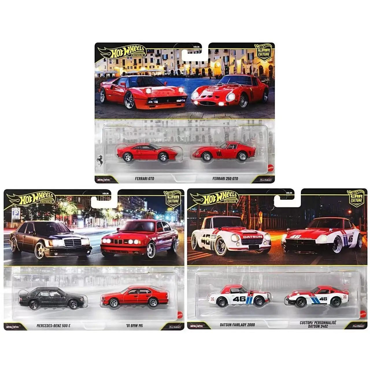 Hot Wheels Premium Car Culture 1/64 Toys, Metal Model Ferrari 250 Gto, Mercedes-Benz 500 E, Datsun, Gift Alloy Dual Car Set Die-Cast Boys' Gift 2026 Original Hbl96