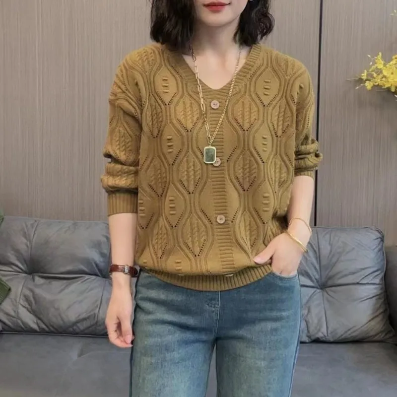 Women\'s Spring Autumn New Commute Fashion V-neck Hollowed Out Solid Color Versatile Long Sleeve Loose Pullover Knitted Tops