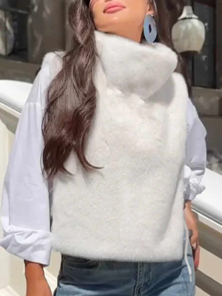 Женский однотонный утепленный меховой жилет, модное розовое свободное короткое пальто без рукавов с высоким воротом, осенняя новая шикарная уличная женская верхняя одежда