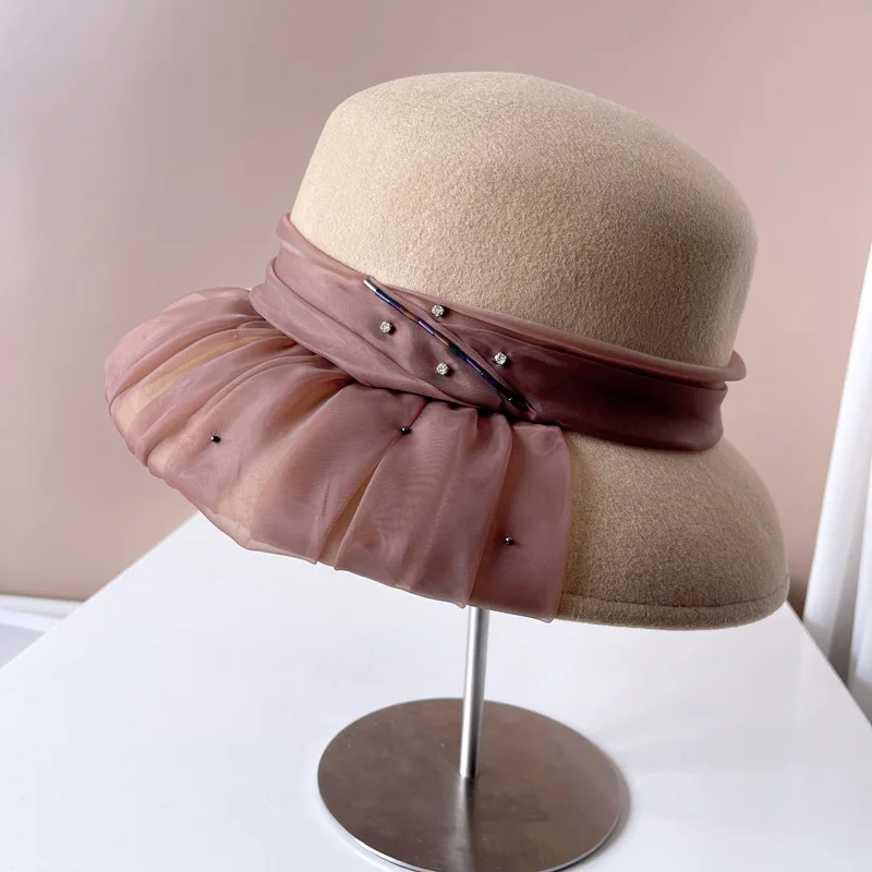 French Hepburn style pleated light yarn lampshade hat for women winter warm Australian wool felt hat rhinestone vintage top hat