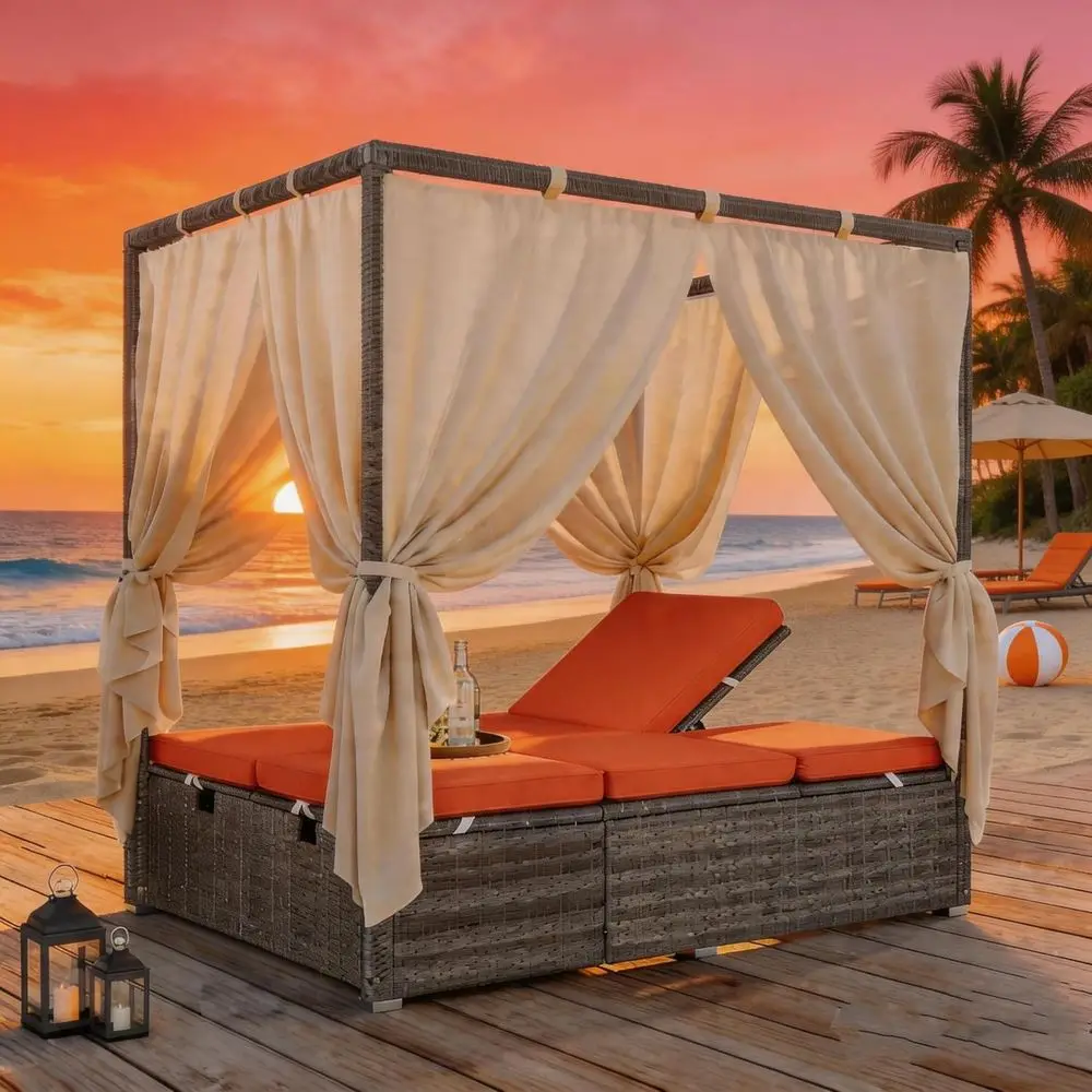 

Outdoor Patio Sunbed with Curtains, Patio Wicker Sunbed Daybed with Adjustable Seats,Rattan Double Chaise Lounge Chair with Over