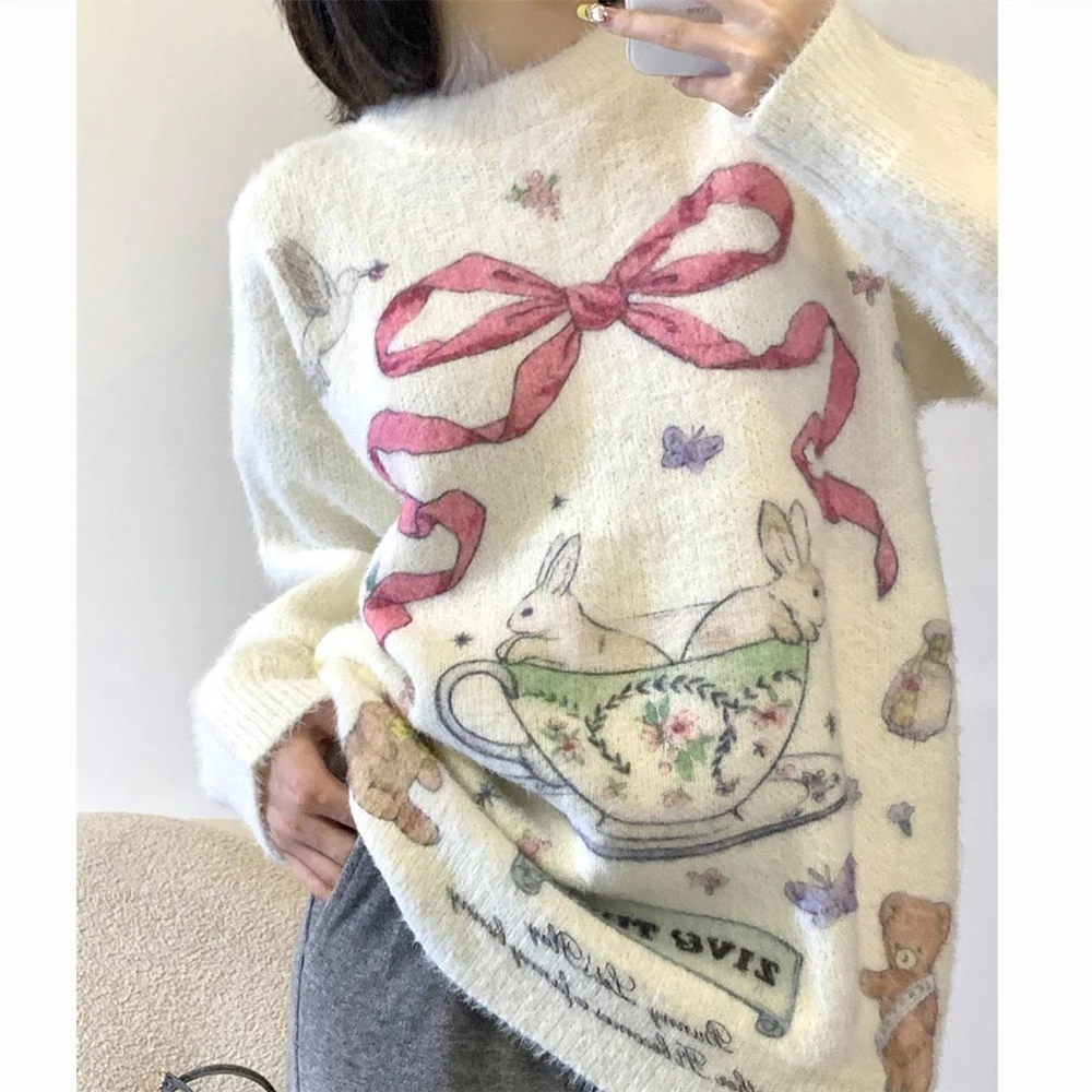 Maglione con stampa coniglio cartone animato, ragazza americana Vintage, maglieria allentata oversize, abbigliamento invernale morbido e