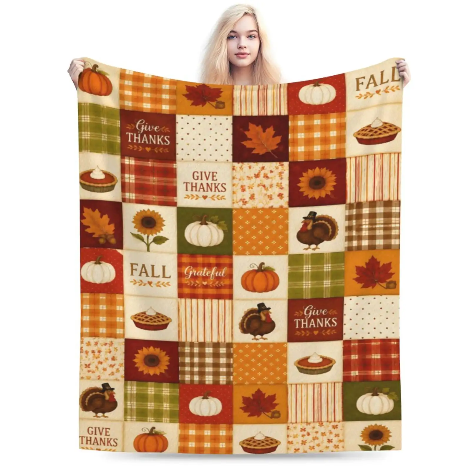 Thanksgiving Turkey Pumpkin Blanket, Orange Checkered Fall Fleece Throw Blankets, Cozy Lightweight Soft Fall Autumn Gift
