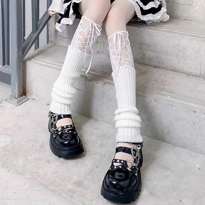 Lotita Knitted Leg Cover Women Sweet Girls Y2K JK Lace Bow Leggings Cross Strap Long Socks Winter Over Knee Warmers Boot Cuffs