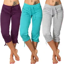 Women Solid Color Mid Rise Pockets Drawstring Slim Pants Cropped Trousers Lounge Joggers Pants Sweatpants Yoga Pants