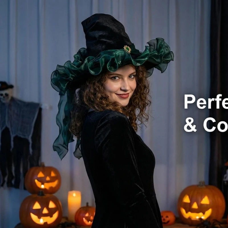 Halloween Emerald Witch Hat Lolita Velvet Costume Accessory Adjustable Party Hat for Women Girls