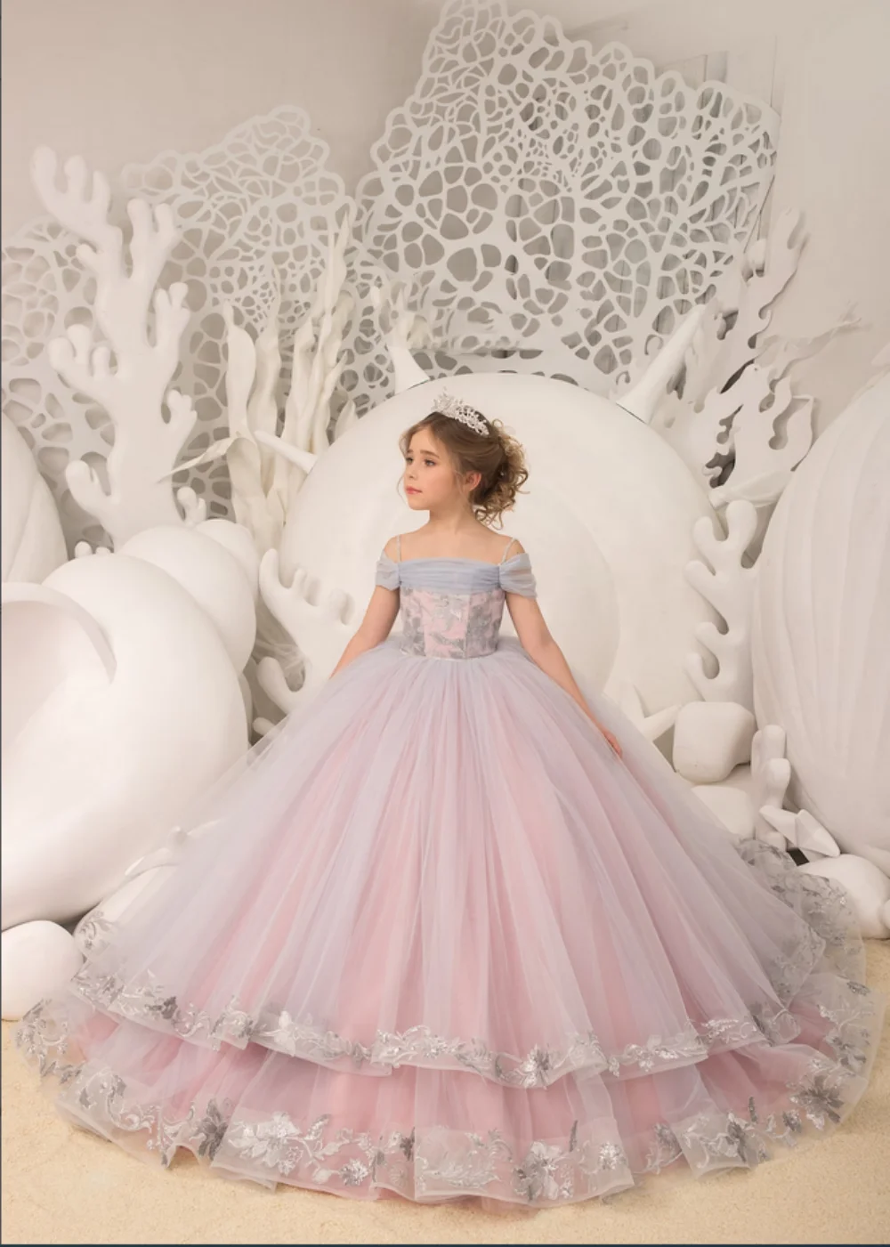 Silver Appliques Princess Flower Girl Dresses Tulle Long Child Pageant Wedding Party Birthday Dress Off Shoulder Prom Ball Gown