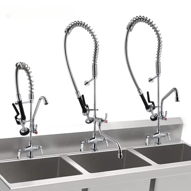 Deck Mounted Double handle Industrial Kitchen Taps Pre rinse Dish Sprayer Industrial Kitchen Taps