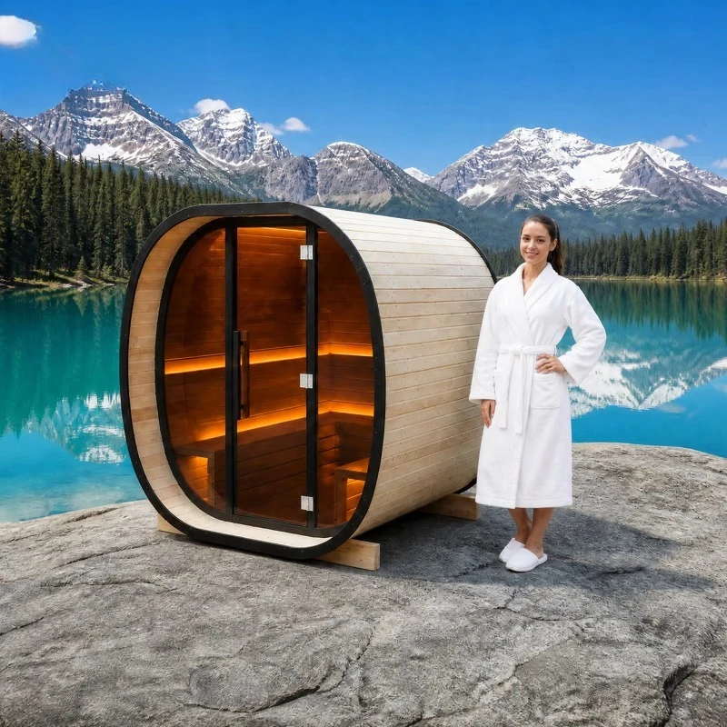 Shaped Pine Sauna Featuring Panoramic Glass Front Matte Black Frame and LED Lit Multi Level Bench Interior Customized