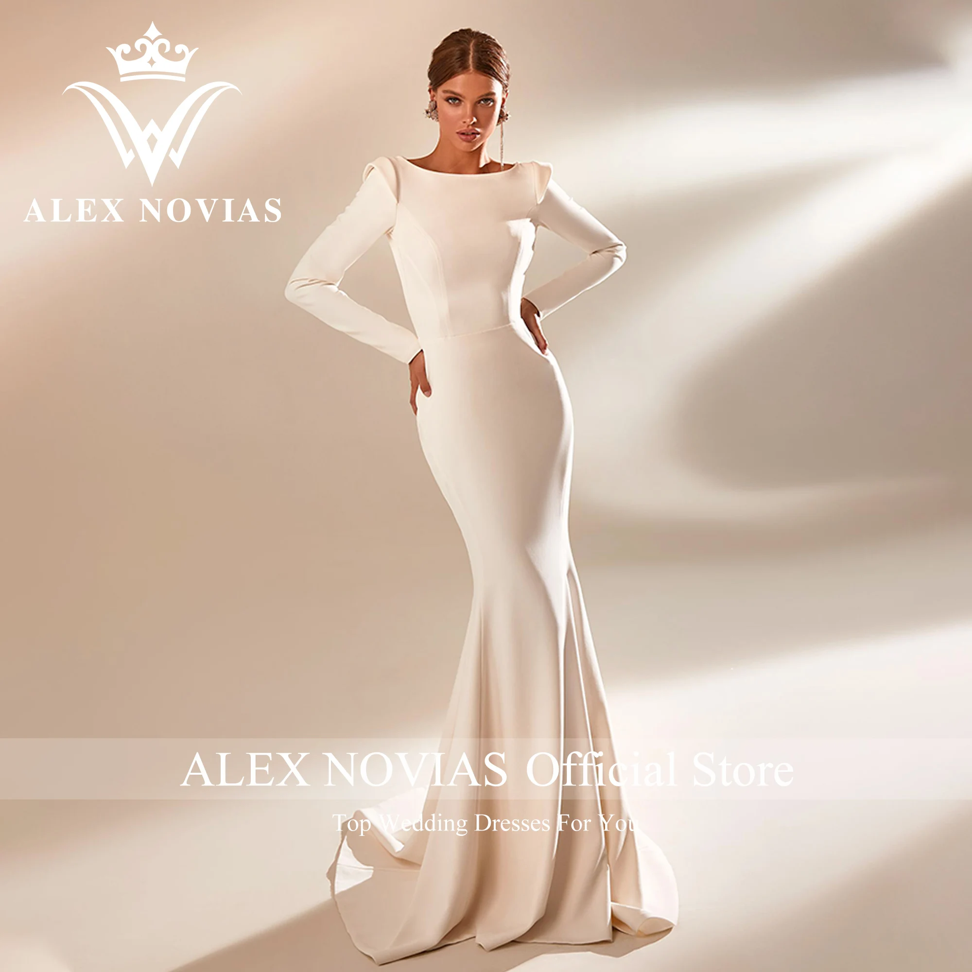 ALEX NOVIAS-머메이드 긴 소매 웨딩 드레스, 2023 년 신제품 패션 스쿠프 백리스 섹시한 새틴 트럼펫 드레스