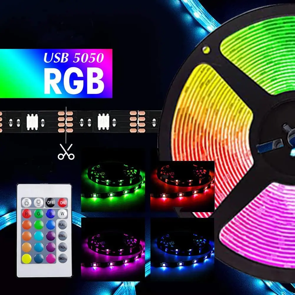 Taśma LED USB 5M zmieniająca kolor 5050 RGB Elastyczne światła LED z 24 klawiszami dla dzieci Pokój gier Dom Impreza Podświetlenie TV