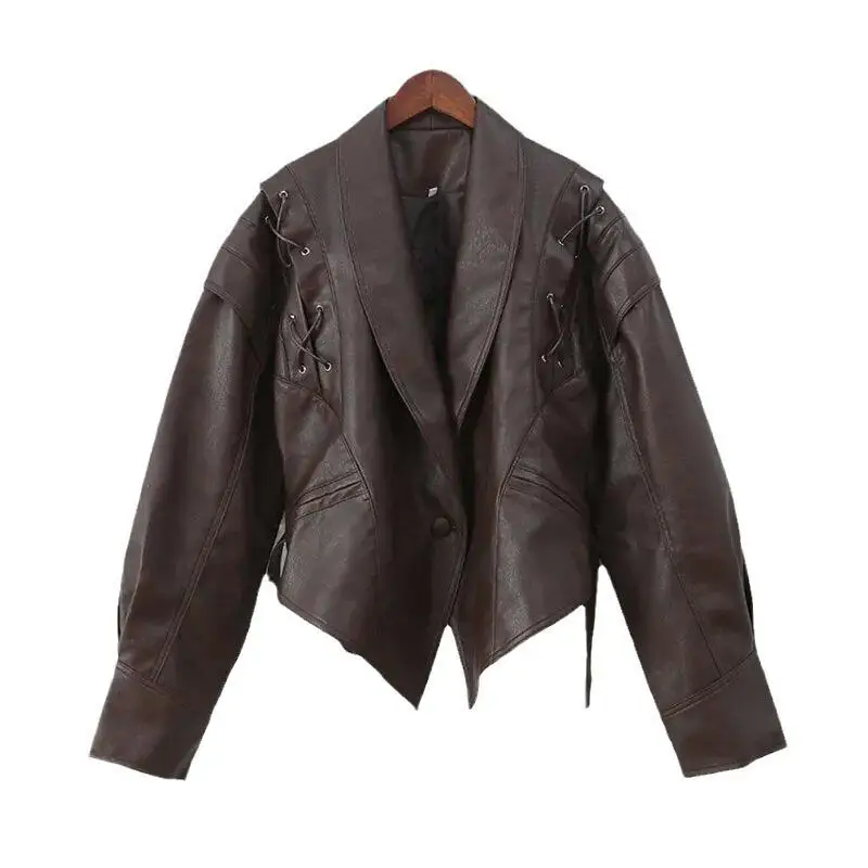 Street Faion Retro Faux Leather Jaet Stand Collar Belted Outerwear Long Sve Women's Autumn Winter Leather Coat