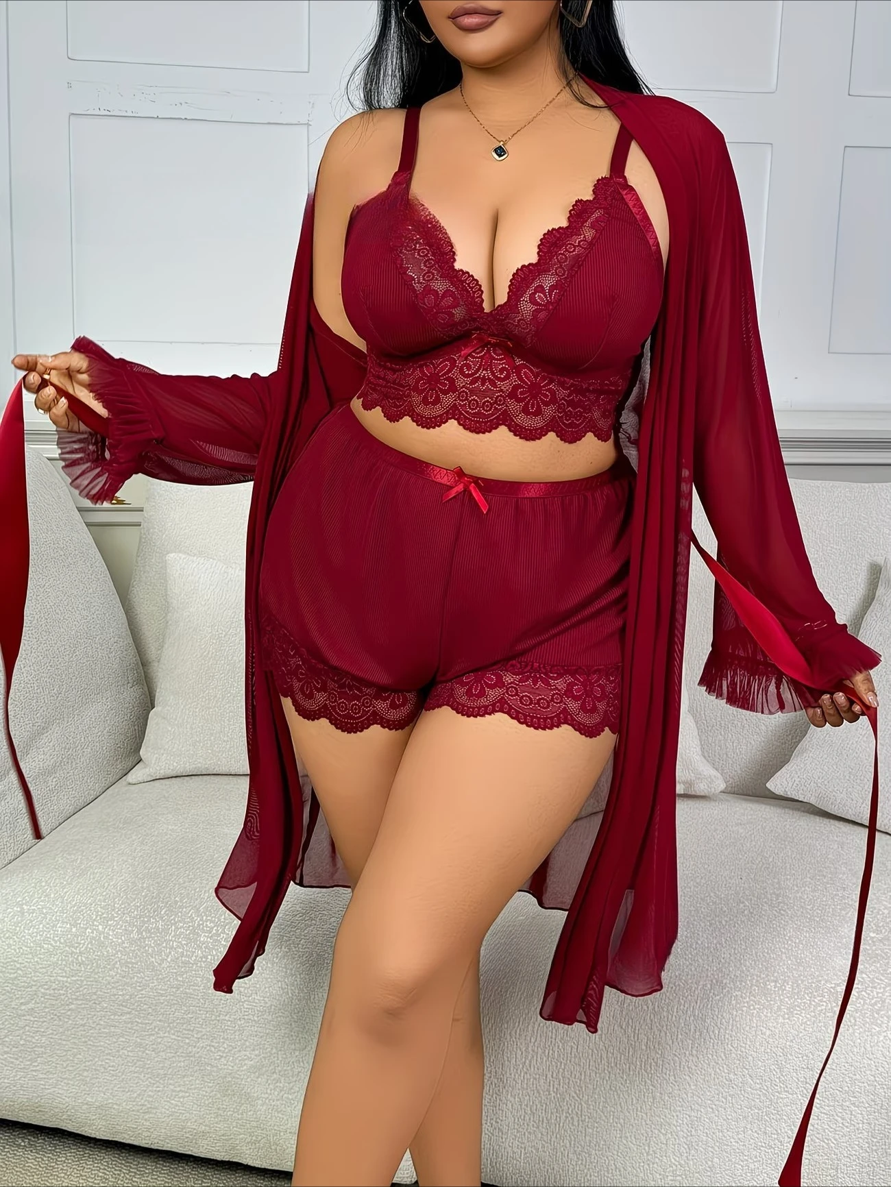 Wine Red Sheer Mesh Robe Ruffled Cuff Belted Kimono Cover Up Nightwear Evening Lounge Apparel Exotic Lingerie Set