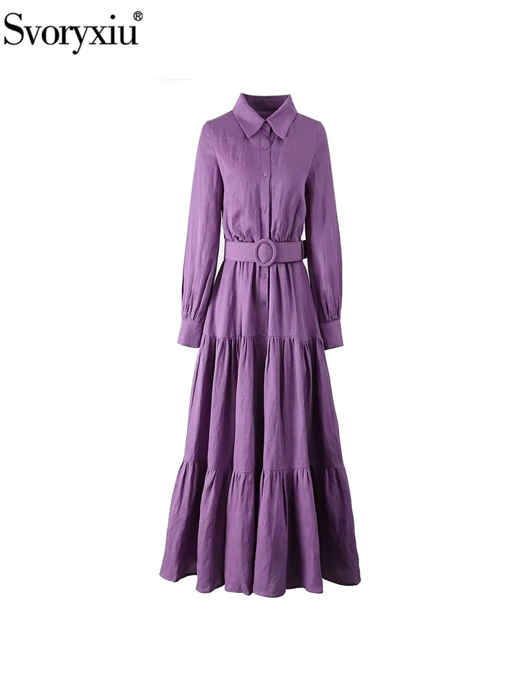 

Svoryxiu Fashion Runway Autumn Purple Vintage Long Dress Women's Turn-down Collar Lantern Sleeve Belt Slim Flounces Hem Dress