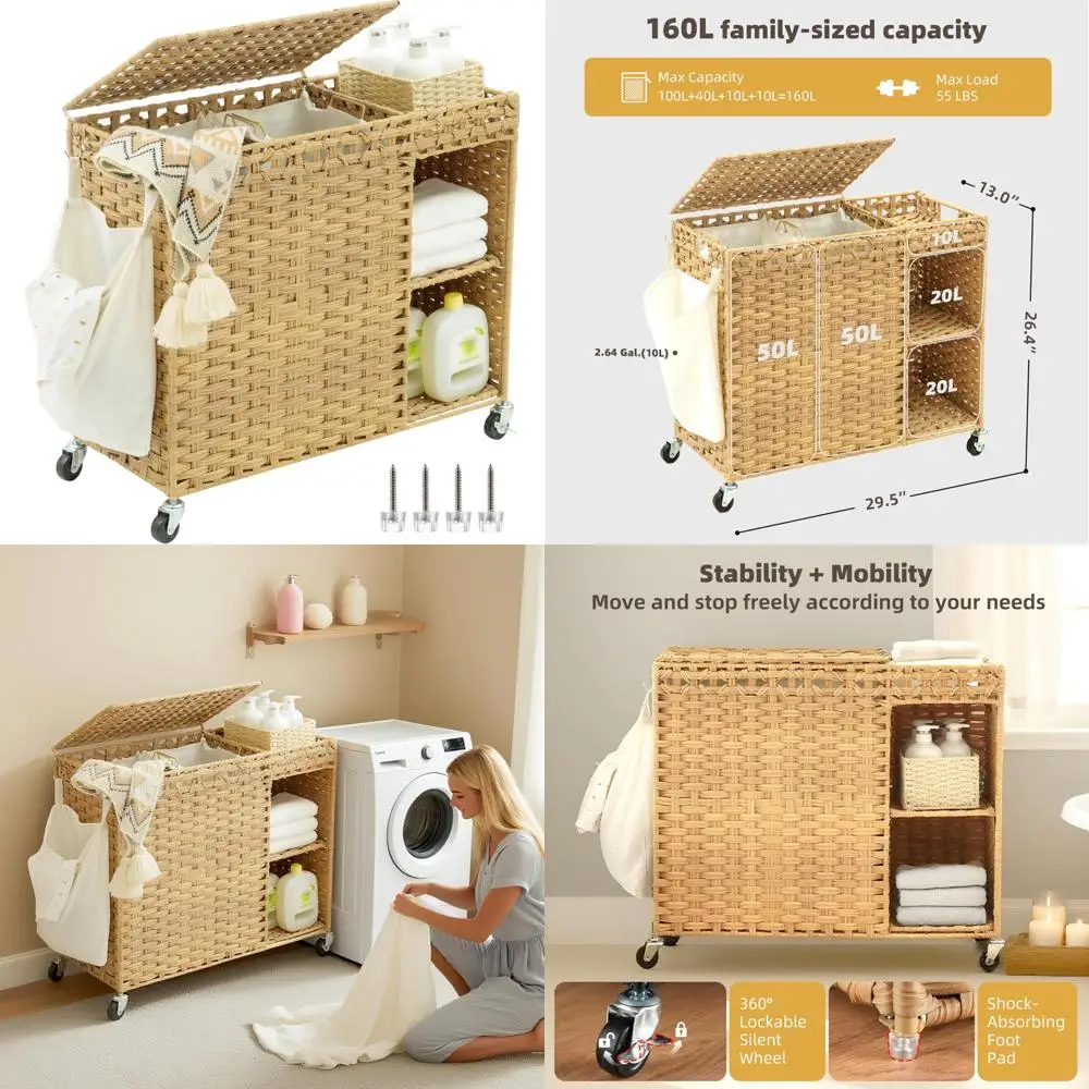 

Large 160-Liter Wicker Laundry Basket with Wheels and Removable Lid, Two-Section Design