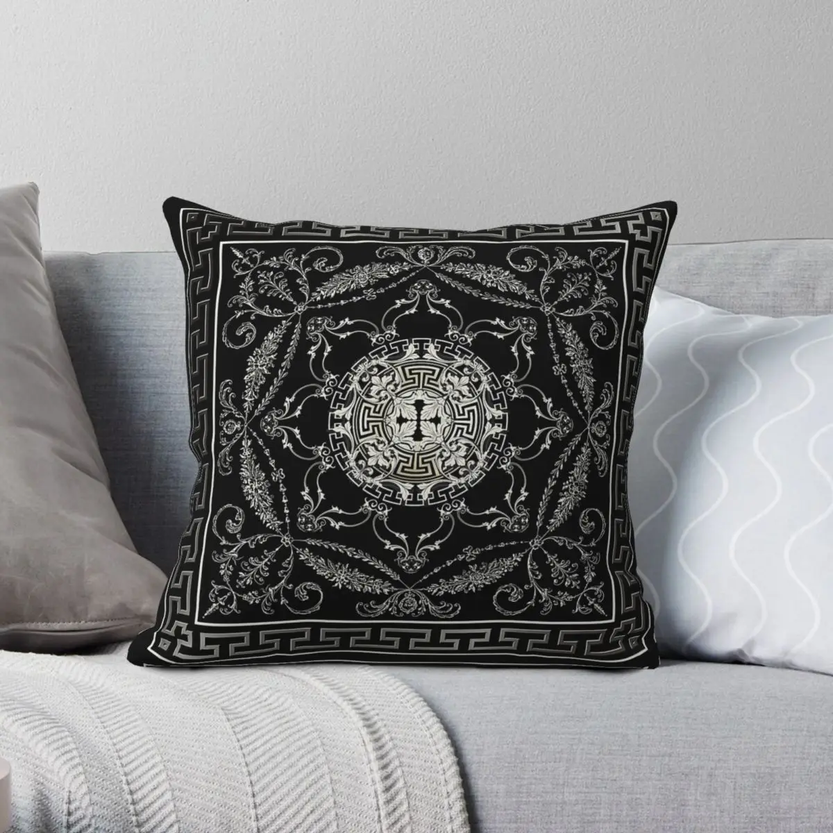 Baroque Filigree Black Cream Square Pillowcase Polyester Linen Velvet Pattern Zip Decorative Throw Pillow Case Car Cushion Case