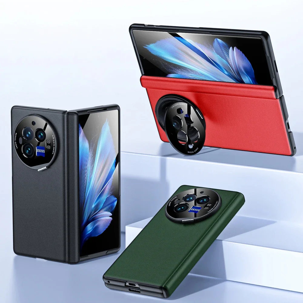 

For Vivo X Fold 3 Pro Lichee Real Leather Case With Stand,Real Leather Case Build-in Tempered Glass Screen For Vivo Xfold 3