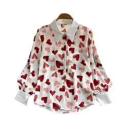 Heart Print Chiffon Polo-Neck Lantern Sleeve Single Breasted Women's Blouse Shirt Korean Fashion Female Clothing 2024 Autumn