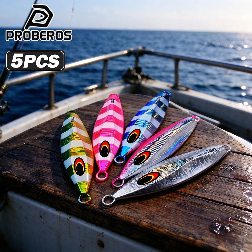 PROBEROS 5pcs Slow Jigging Lure 100g-300g Deep Sea Spanish Mackerel Iron Jig for Trolling Boat Fishing Large Size Metal JIG