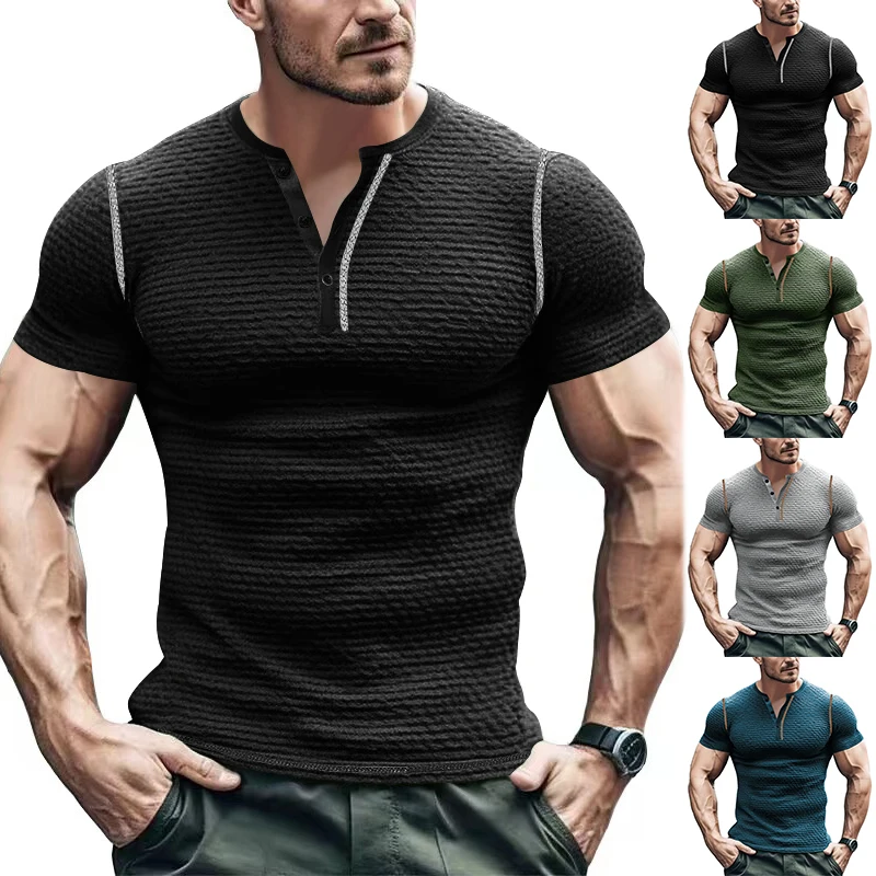 Amazon Summer Casual men's short sleeve T-shirt Breathable Henry top