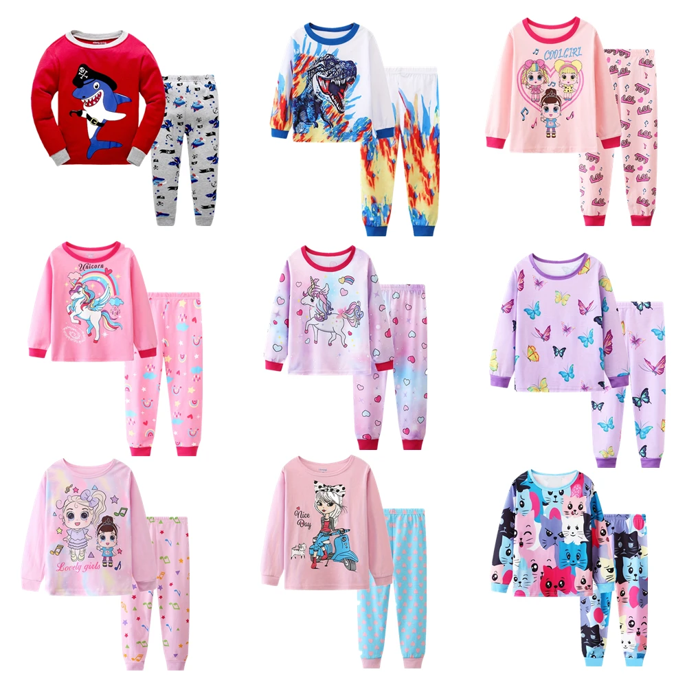 2 girls casual crew neck cartoon print pajama sets