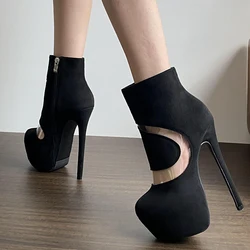 Black Ankle Boots For Women 16cm High Heels Platform Boots Sexy PVC Round Toe Ladies Shoes Fall Botines Mujer 2024 Tendencia