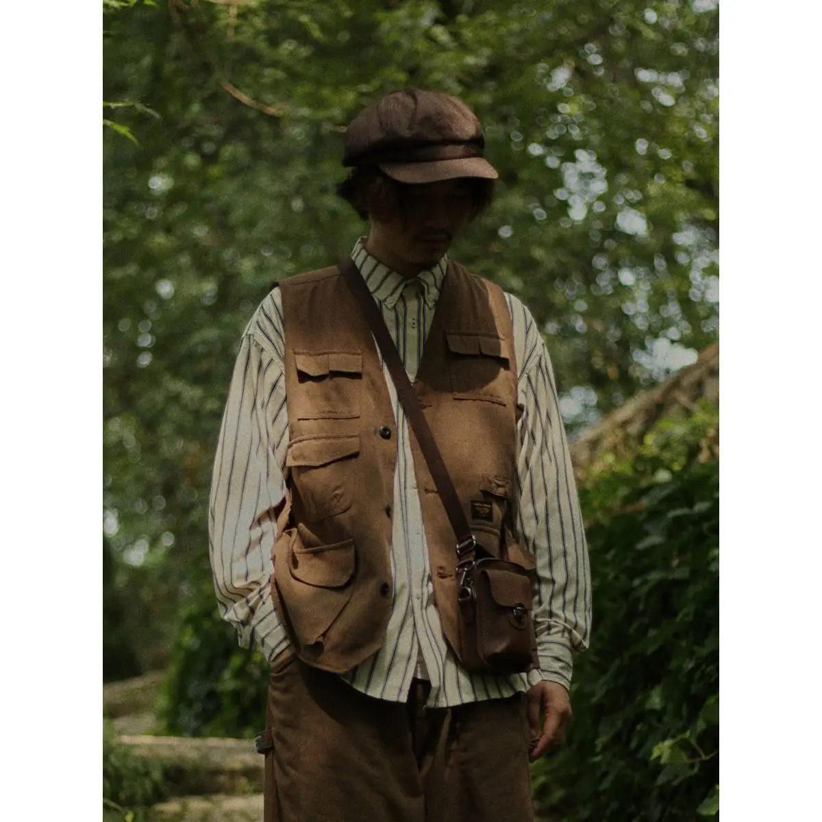 Gilet multitasche da 3 pezzi per uomo Abbigliamento da lavoro a strati Set di camicie a righe alla moda casual Set di gilet da uomo