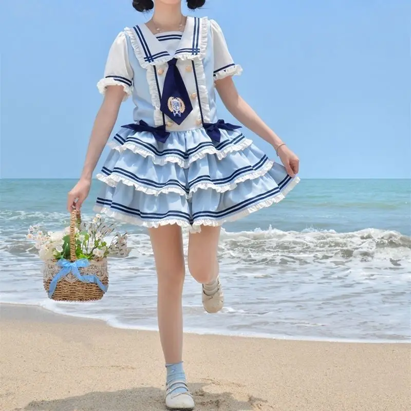 Japanese Sweet Sailor Lolita Dress Women Designer Light Blue White Ruffle Layered Puffy Skirt Kawaii Harajuku Outfit Chic Retro view 2