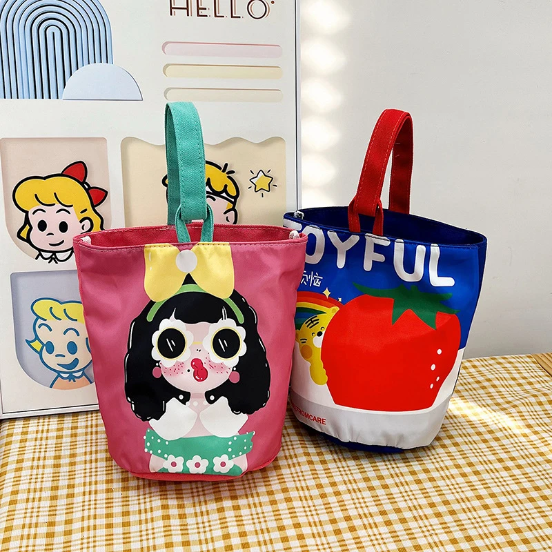 Cartoon Girl Canvas Bucket Bag Korean Style Shoulder Bag Y2K Outing Shopping Bag Women Sweet Cute Handbag Student Lunch Bag