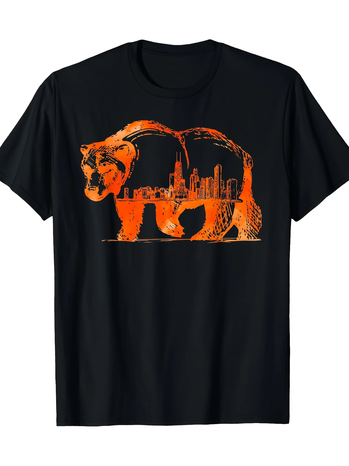 T-Shirt with a Graphic of a Bear Walking in Front of the Chicago Skyline - Classic Retro Design, Round Neck, Short Sleeves, Machine Washable, Perfect for Casual Sportswear