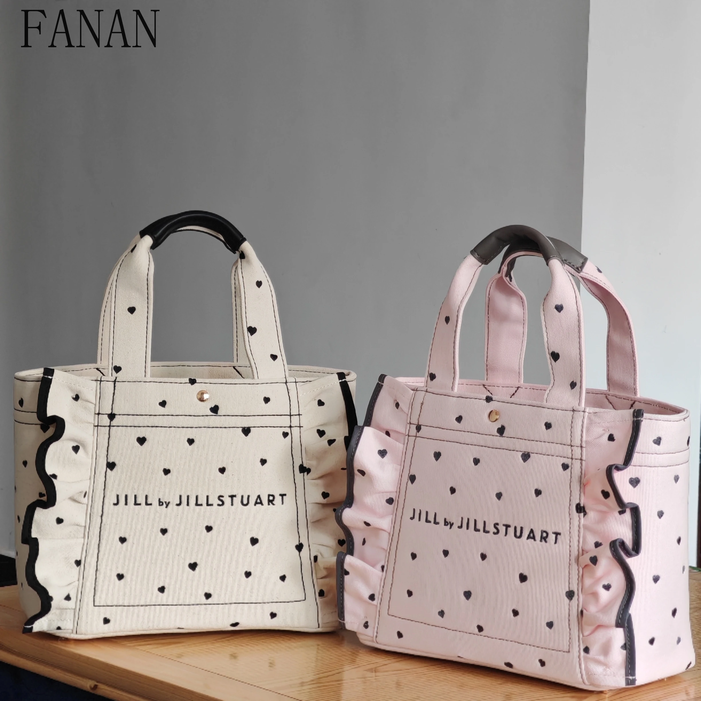 

Top-Handle Tote Bag Elegant Hangbag Japanese Style Ladies Hangbags Love Embroidery Ruffle Edge Portable Hand Bags for Women