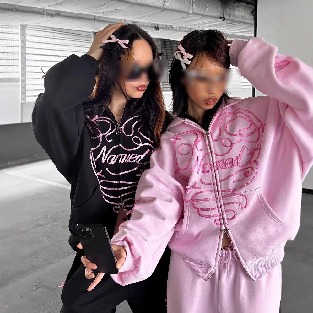 Loose trousers suit y2k dark retro street style American street letter print skin-friendly Harajuku zipper hoodie sweatshirt
