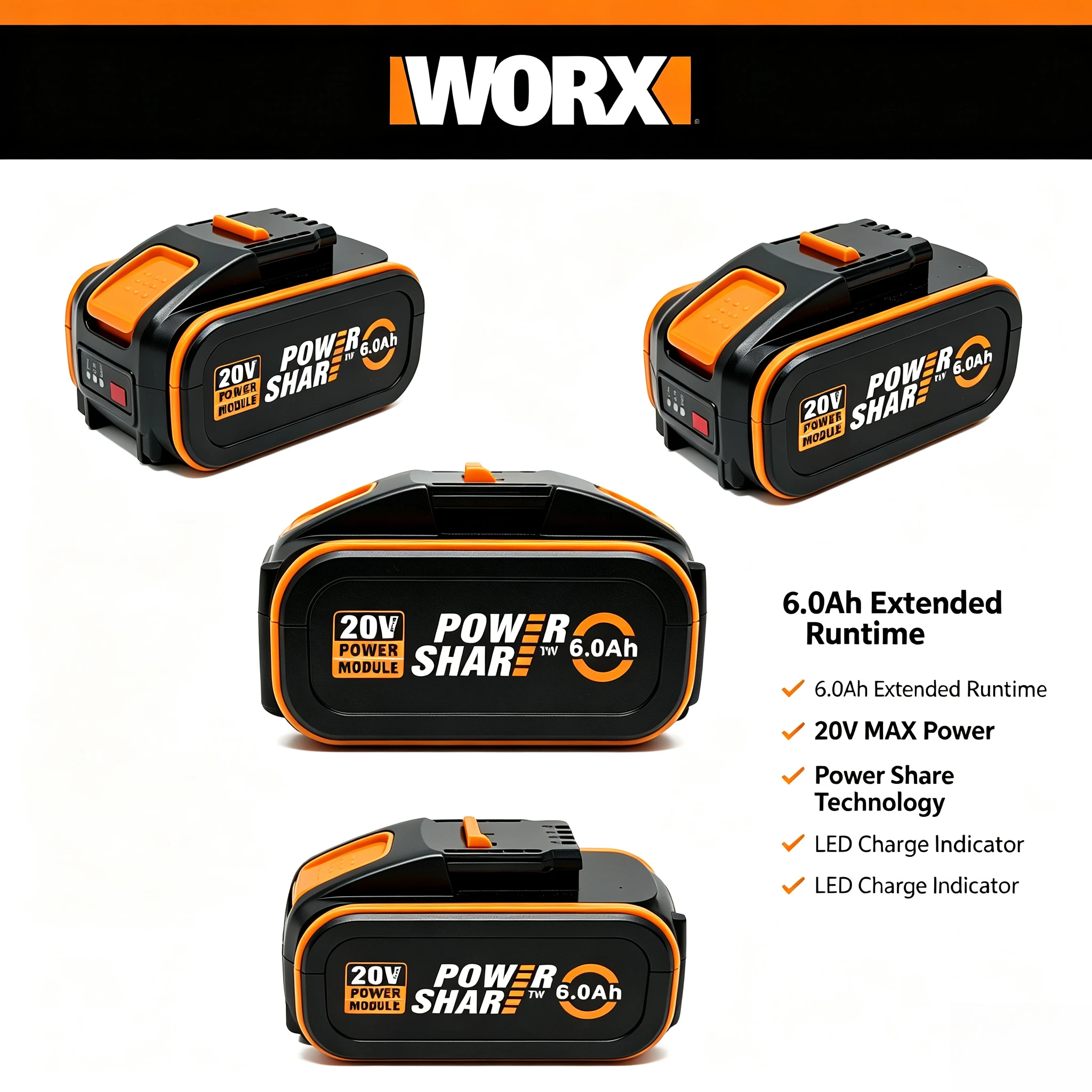WORX 20V 6.0Ah 4Pin Lithium Battery Long Runtime Replacement Li-ion Pack for WORX WX550 WG549 Outdoor Garden Trimming Power Tool