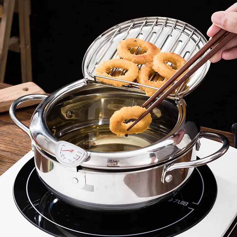 Japanese Deep Fryer With Thermometer and Lid 304 Stainless Steel Kitchen Tempura Fryer Pan Fryer Without Oil Frying Pan Fryer