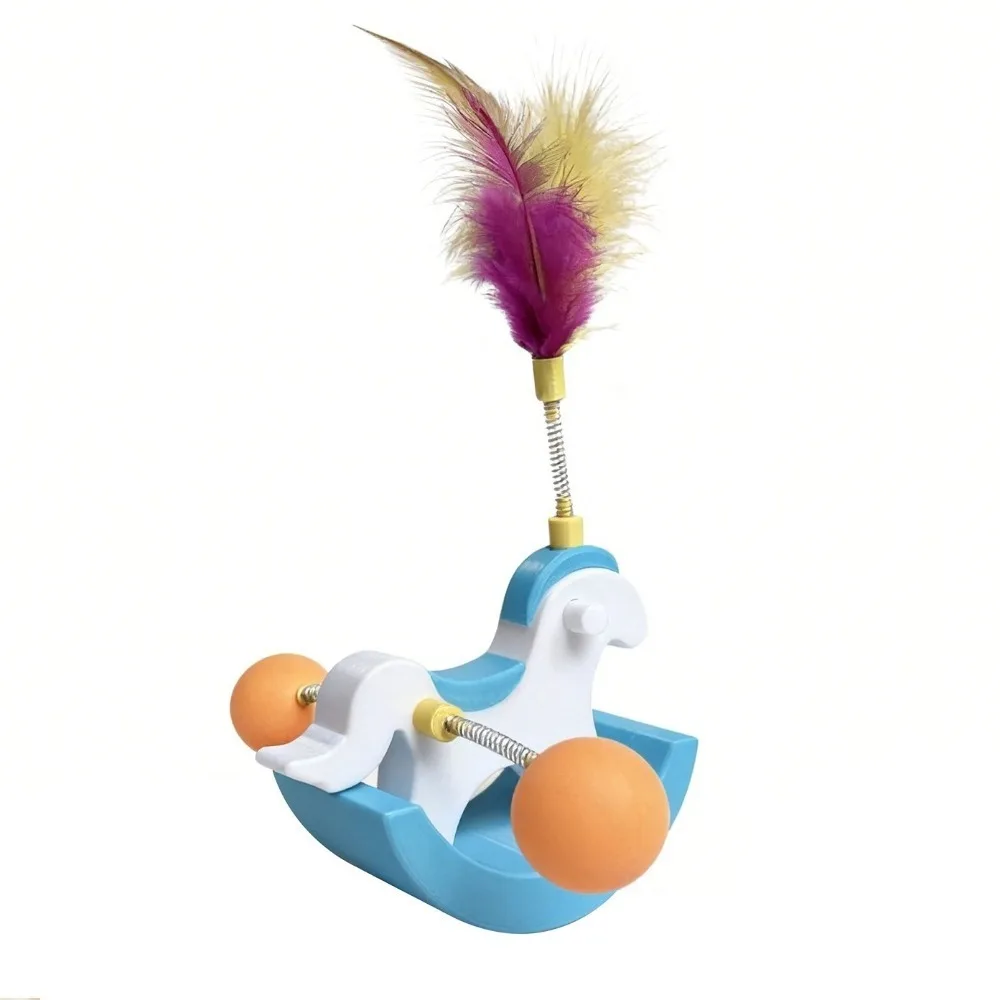 Self-Righting Rocking Horse Shaped Cat Toy Balance Toy Plastic Cat Tumbler Swing Toy Dynamic Shaking Feather Teasing Cat Toy