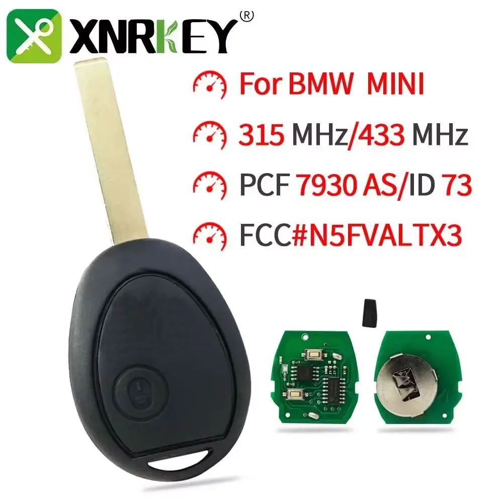 

XNRKEY For BMW 2 Button Car Remote Key ID73/PCF7930AS Chip 315/433Mhz Mini Cooper S R50 R53 2002-2005 One Full Car Key