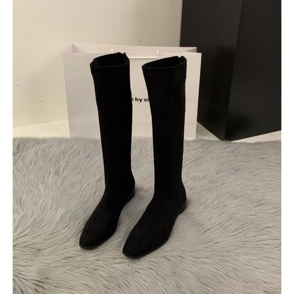 Luxury Designer Vintage Women Knee High Boots Fashion Square Low Heel Shoes Concise Slim Long Botas De Mujer
