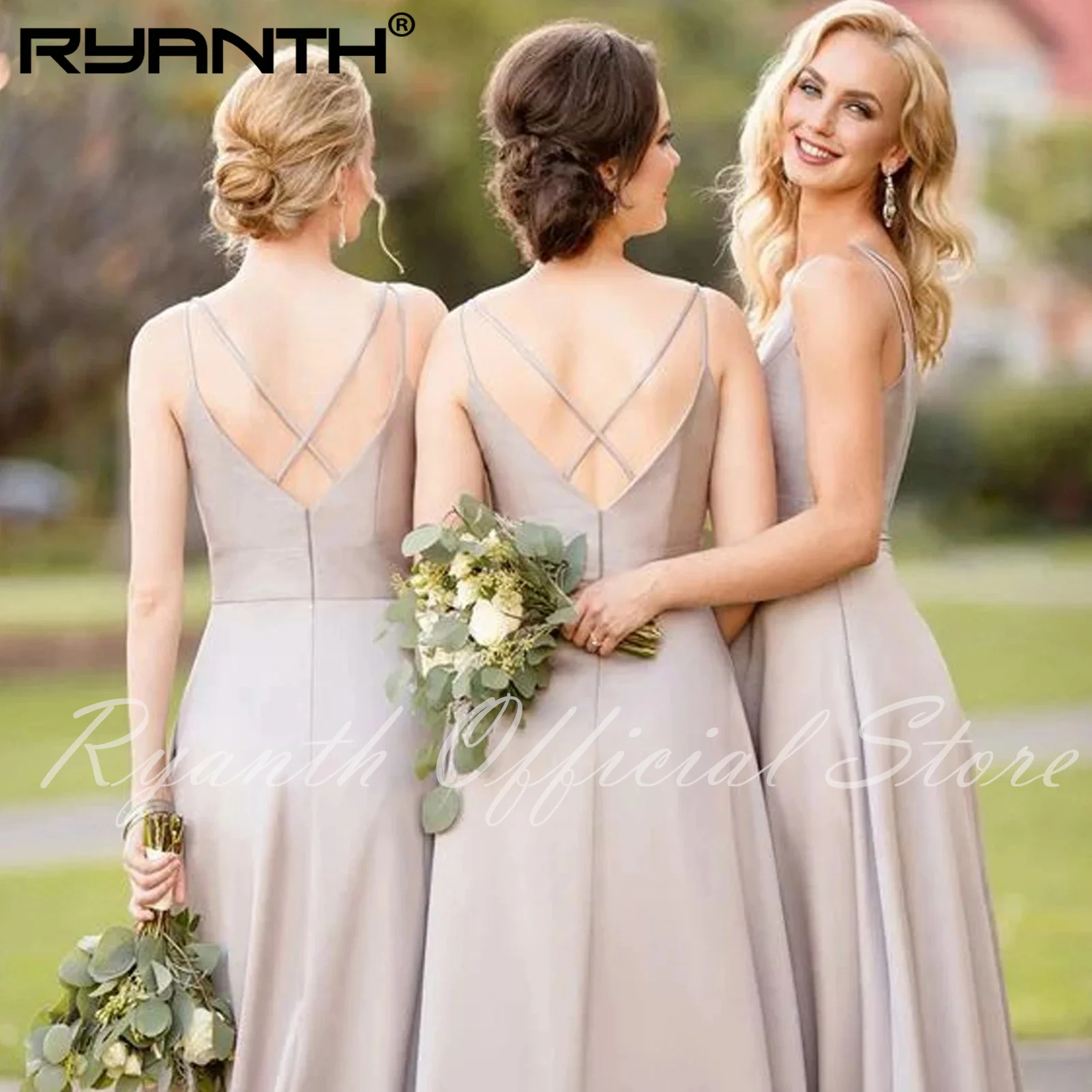 Ryanth Spaghetti Straps A-Line Bridesmaid Dresses V-Neck Sleeveless Satin Wedding Party Dresses Floor-Length Mujer Invitada Chic