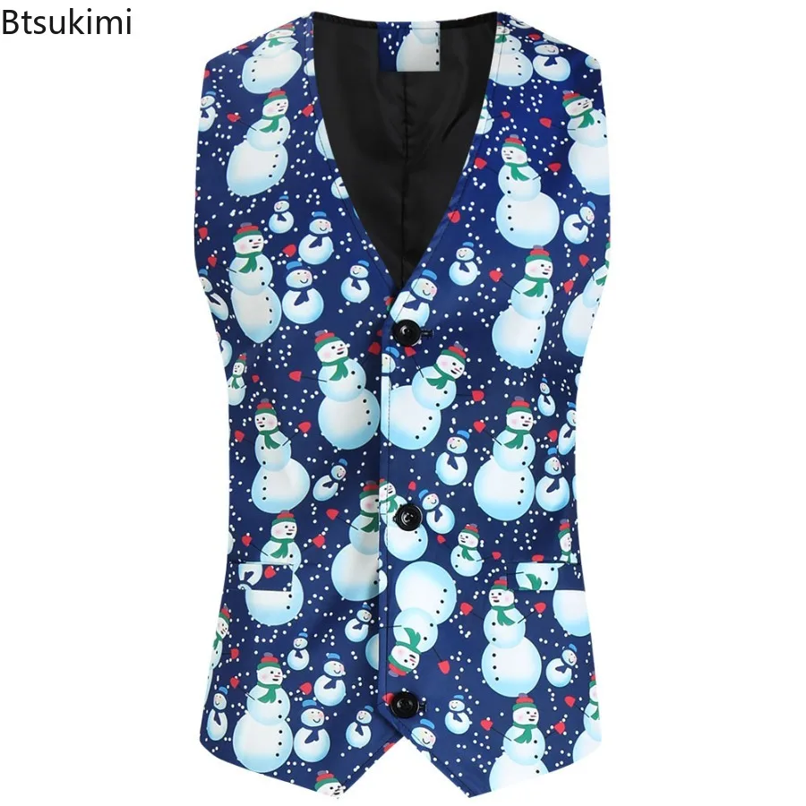 New Men's Christmas Pattern Suit Vest Chic Funny Printing Sleeveless Vest Jacket Single-breasted Slim X-mas Party Waistcoat Male