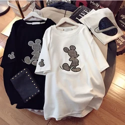 Disney Women clothing couple fashion Mickey mouse cartoon letter printing O-neck short-sleeved cute mouse women's loose T-shirt