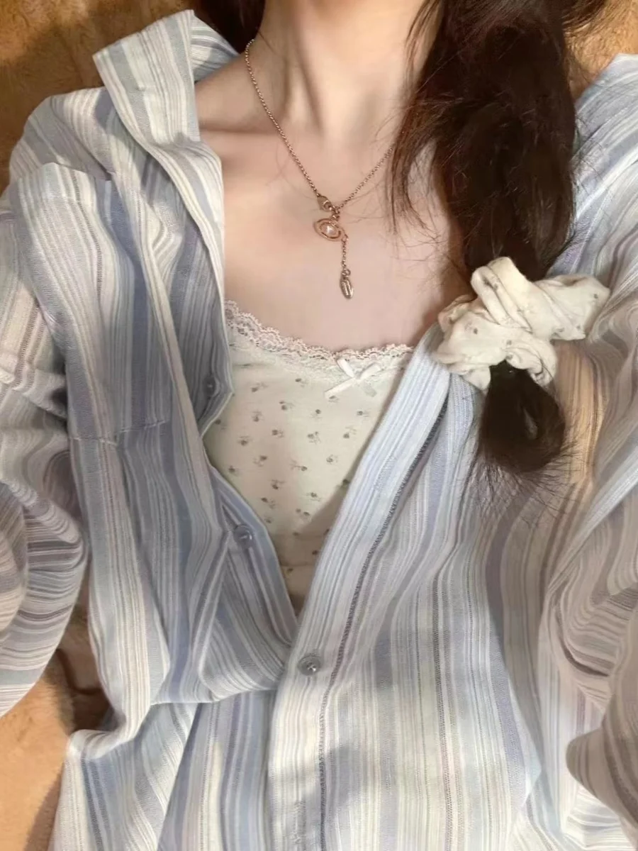 

Рубашка в американском ретро-стиле BM, свободного кроя, с длинными рукавами, в полоску, для ранней осени, с воротником и пуговицами, из хлопка, женственная.