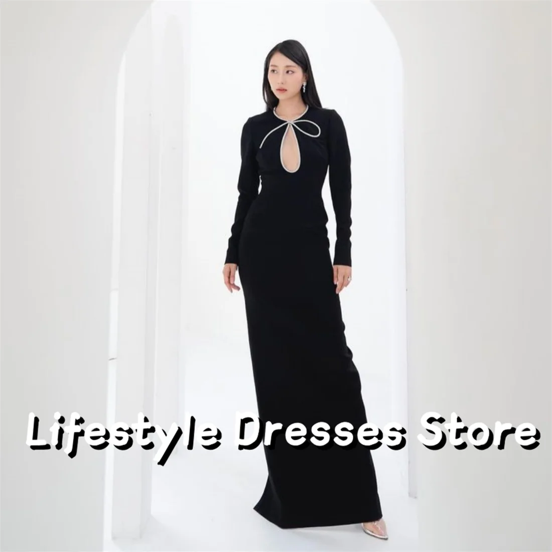 

Cut-out Black Prom Dresses Elegant Long Evening Dresses Full Sleeves Party Gown Formal Homecoming vestidos de gala