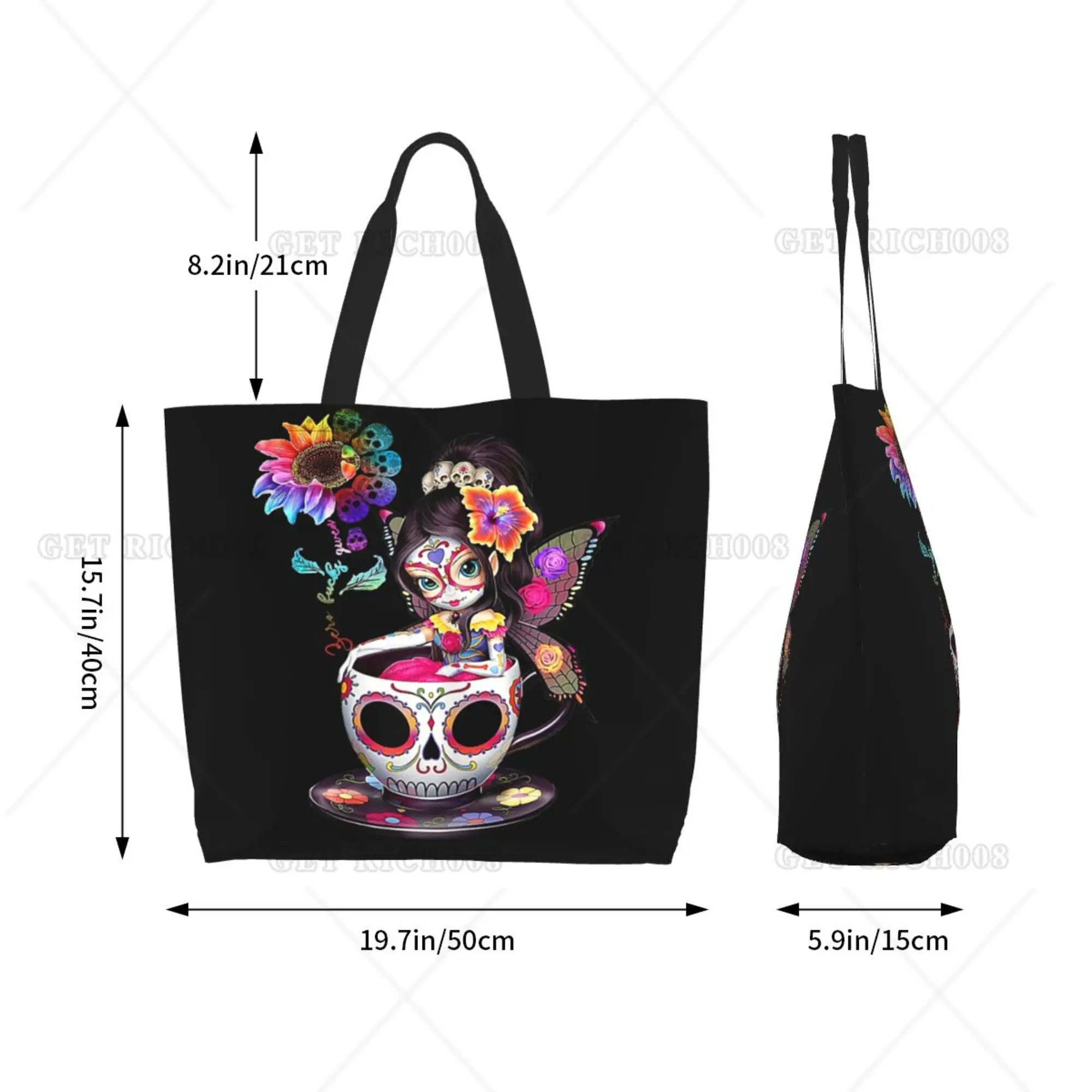 Bolsa de compras de ombro para mulheres, sacola, sacola de compras reutilizável, Eco Bag, Suger, caveira, fada, colorido, compras, piquenique, supermercado