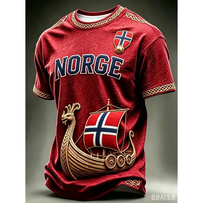 Unisex Norge Viking Ship 3D Printed T-Shirt Nordic Pattern Short Sleeve Football Fan Jersey Breathable Casual Streetwear Tops