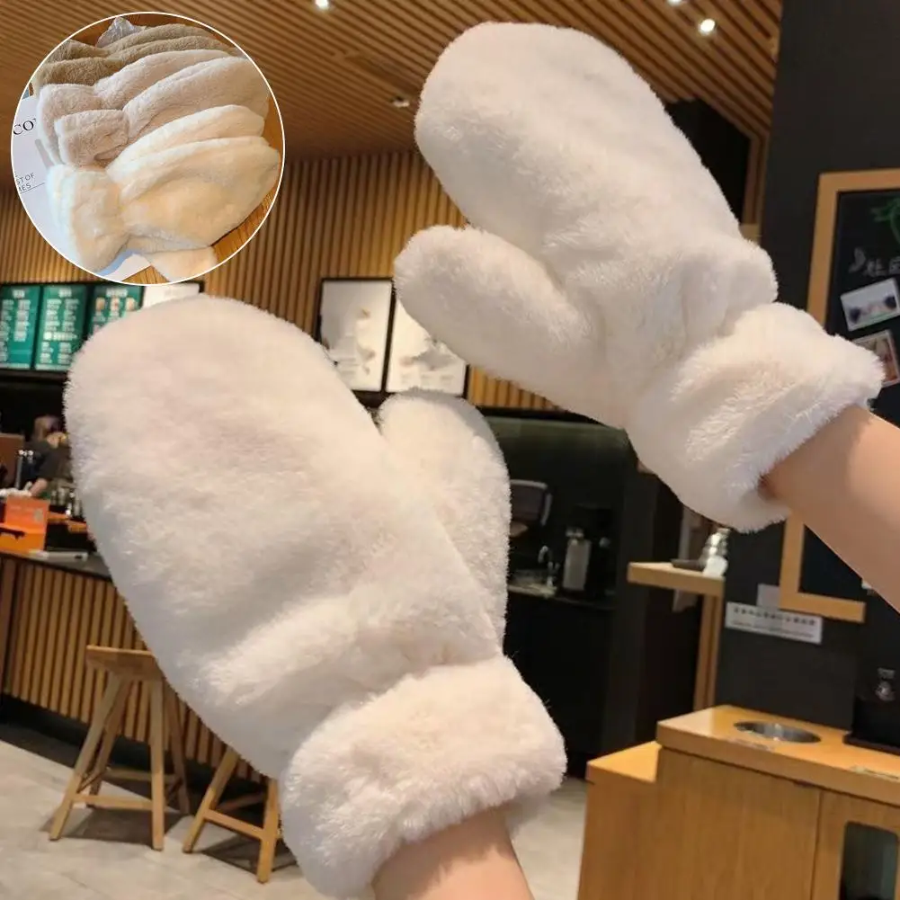 Thicken Plush Soft Winter Fingerless Gloves Women WarmFur Velvet Lining Mittens Gloves Outdoor Cold Fluffy Fuzzy Protection M3V0