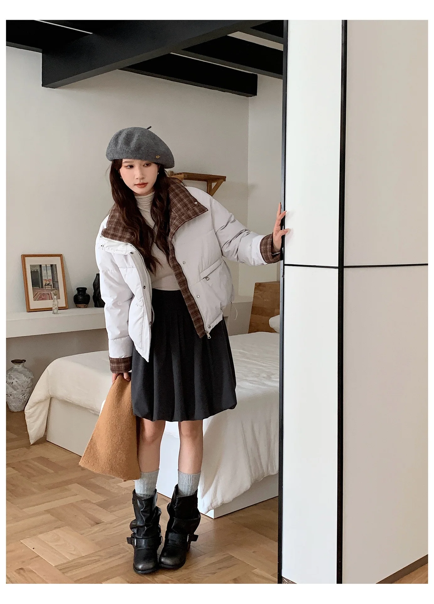 American Plaid Patchwork Puffer Jacket Women Winter Thick Stand Collar Short Parkas Woman Korean Casual Preppy Style Outerwear