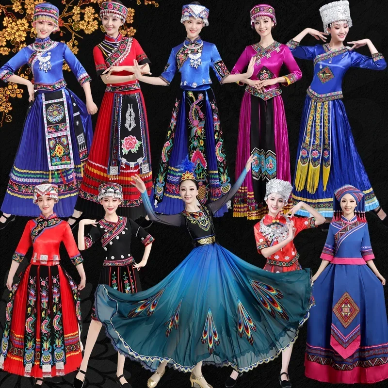 Ropa tradicional para mujer, traje de actuación de baile Dongxiang Hezhe Menba Jinuo, conjunto de tres piezas